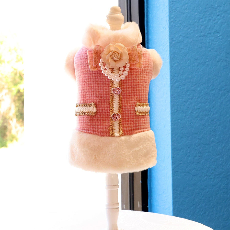 Pink Tweed Pearl Dog Coat Vest with Faux Fur Trim