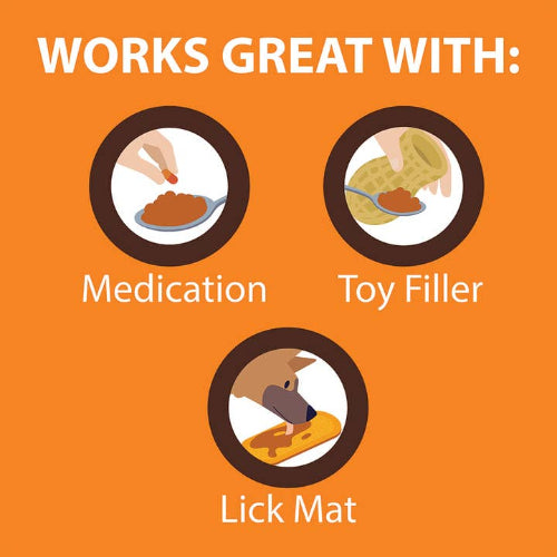 An orange graphic with the text 'WORKS GREAT WITH:' above three circular illustrations showing use cases: medication, toy filler, and a lick mat.