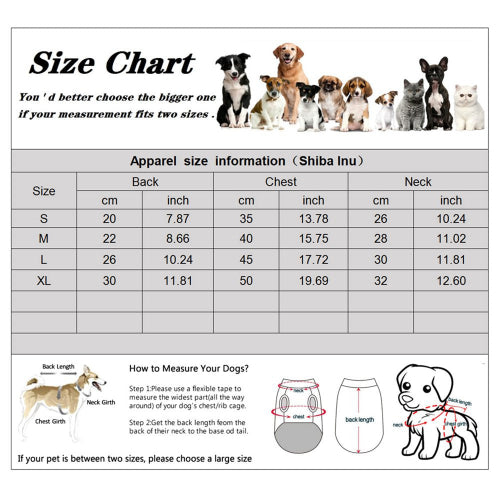 A size chart and measurement guide for dog apparel, titled 'Size Chart' in English and Chinese. The chart includes a table of measurements for Shiba Inu dogs by size (S, M, L, XL) with back, chest, and neck dimensions in cm and inches.