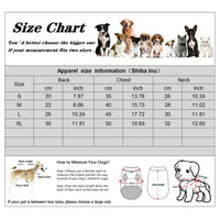 Thumbnail for A size chart and measurement guide for dog apparel, titled 'Size Chart' in English and Chinese. The chart includes a table of measurements for Shiba Inu dogs by size (S, M, L, XL) with back, chest, and neck dimensions in cm and inches.