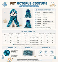 Thumbnail for A product information graphic for a pet octopus costume. The top section shows the product name 'PET OCTOPUS COSTUME' with a blue octopus costume illustration and a small dog wearing the costume.