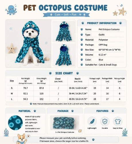 A product information graphic for a pet octopus costume. The top section shows the product name 'PET OCTOPUS COSTUME' with a blue octopus costume illustration and a small dog wearing the costume.