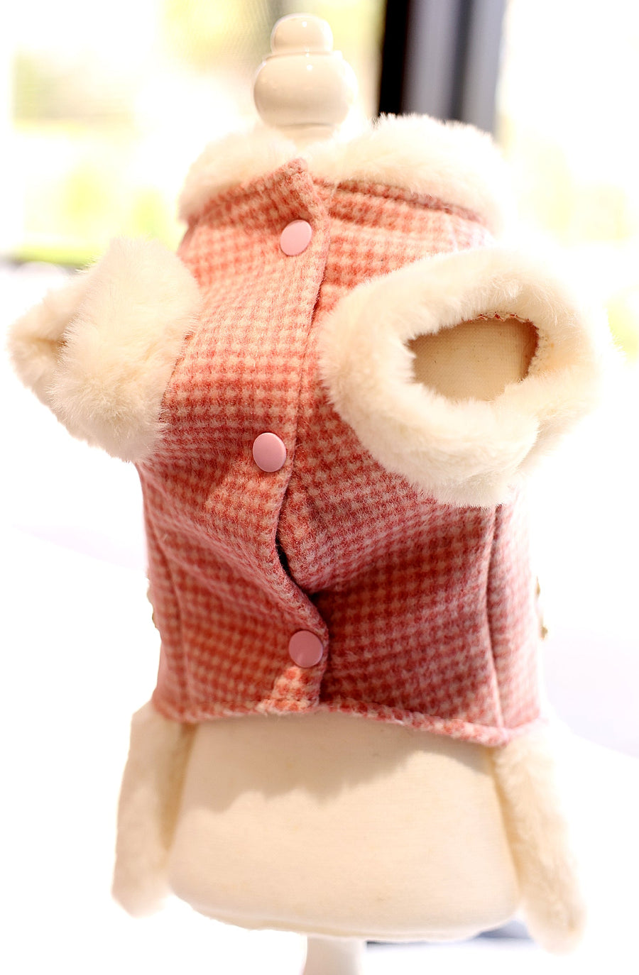 Pink Tweed Pearl Dog Coat Vest with Faux Fur Trim