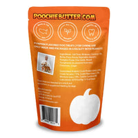 Thumbnail for Back view of an orange stand-up pouch of Poochie Butter dog treats, showing product information, icons, a small photo of a dog eating, ingredients, and a white dog silhouette near the bottom.