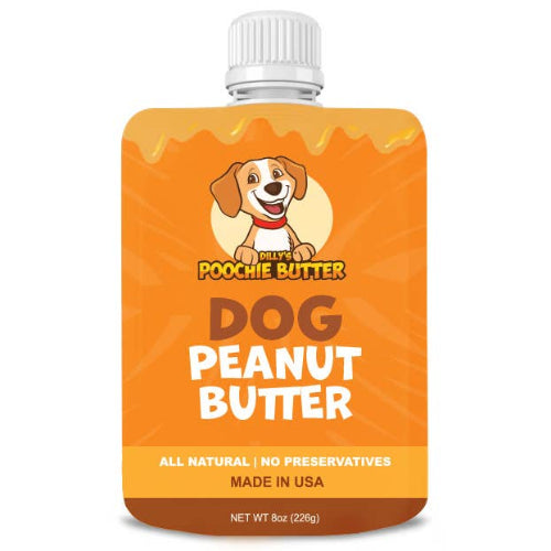 Pouch of Dilly's Poochie Butter Dog Peanut Butter on a white background