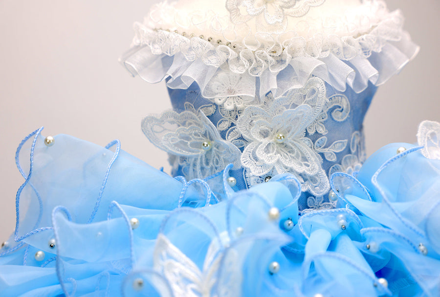 Handmade Sky Butterfly Princess Dog Dress – Luxury Blue Ruffle