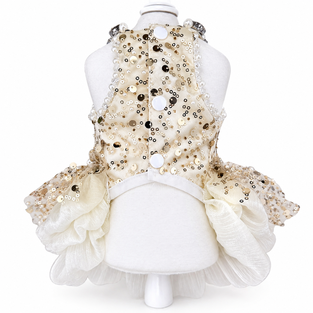 Gold Sequin Dog Dress with Pearl Detail