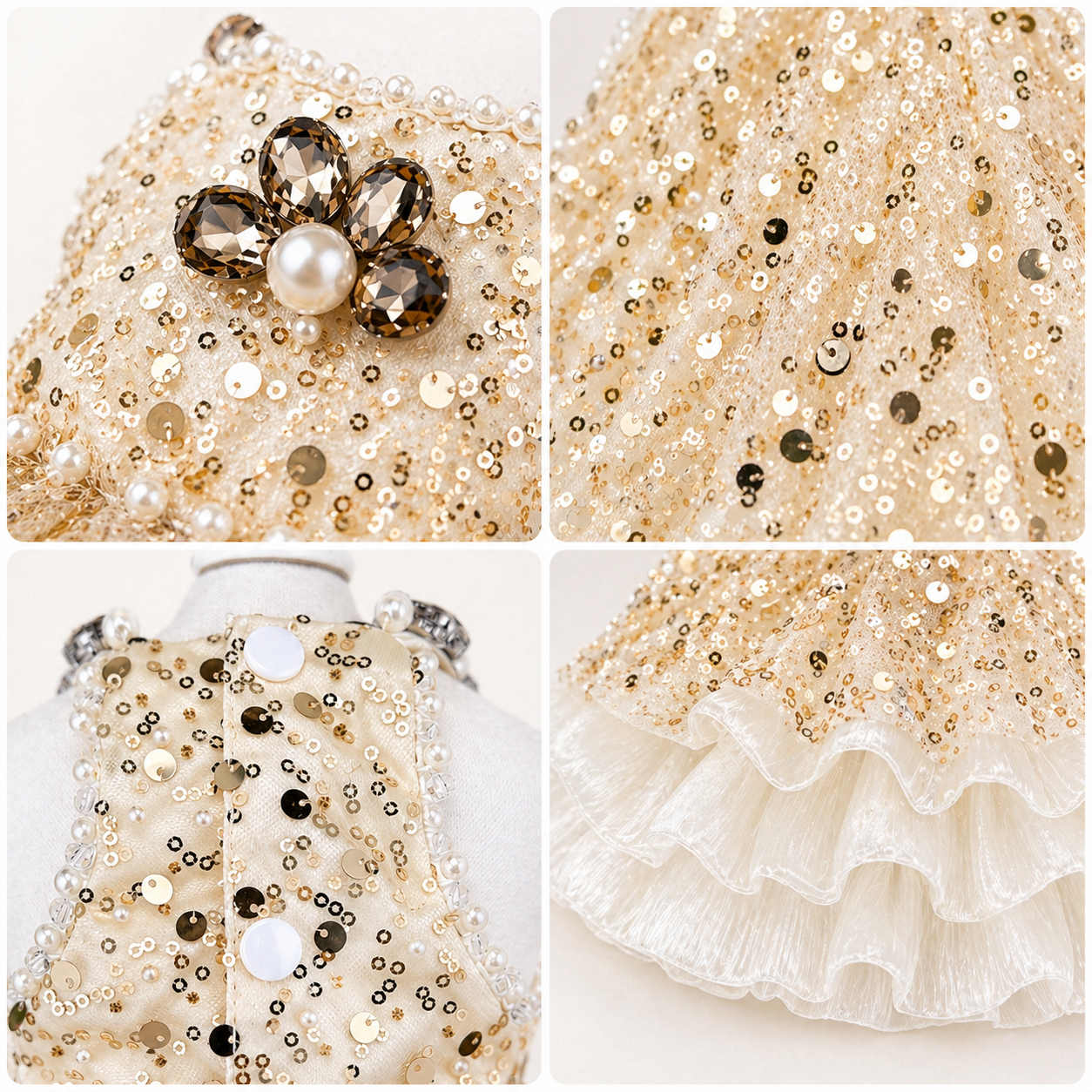 Gold Sequin Dog Dress with Pearl Detail