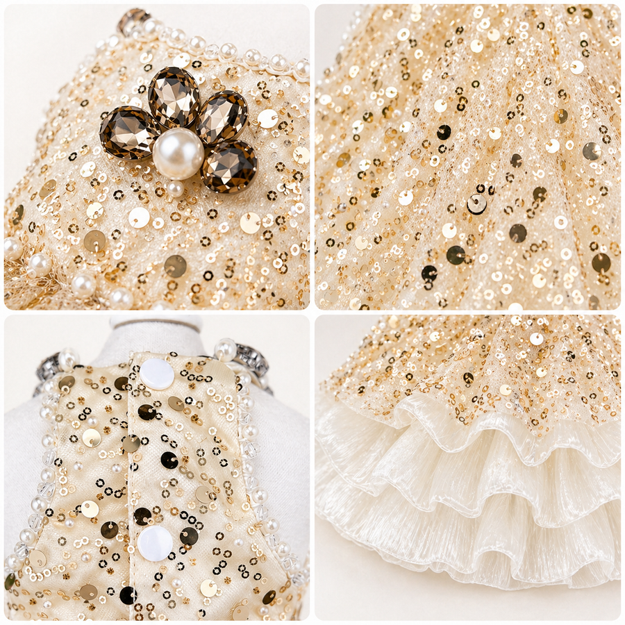 Gold Sequin Dog Dress with Pearl Detail