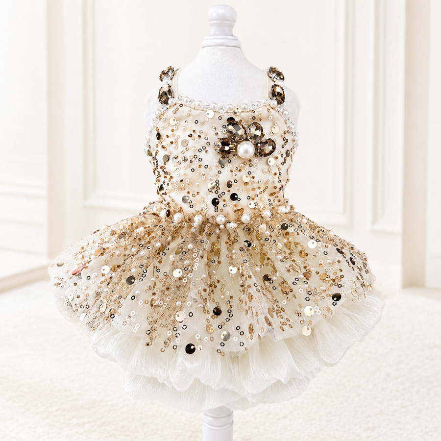 Gold Sequin Dog Dress with Pearl Detail