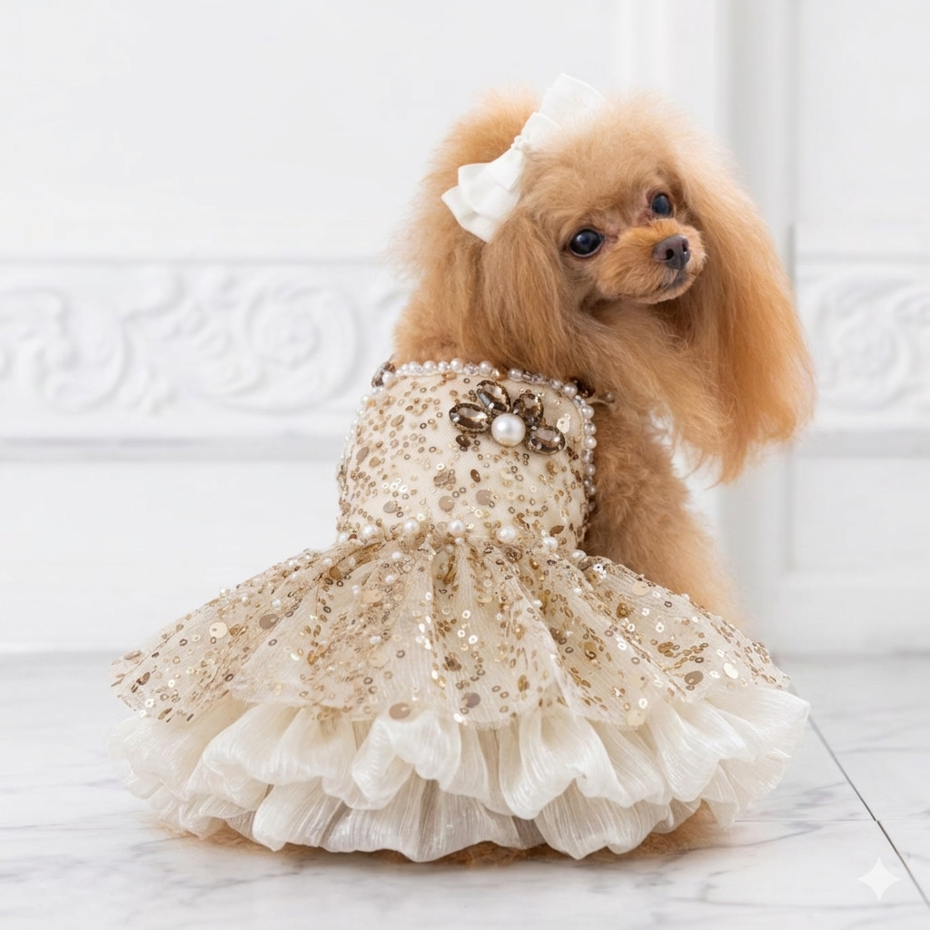 Gold Sequin Dog Dress with Pearl Detail