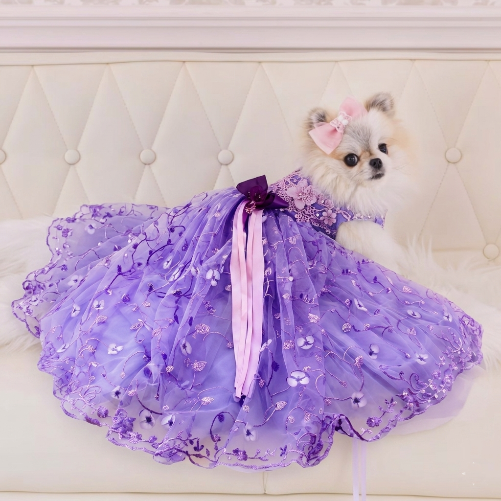 Luxury Purple Princess Dog Dress Floral Lace Tulle