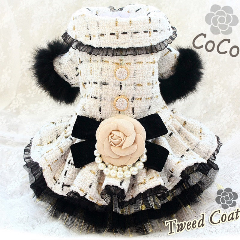 Luxury Tweed Dog Dress with Fur Trim
