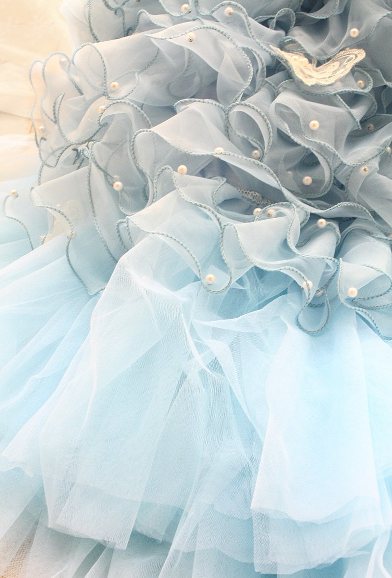 Handmade Sky Butterfly Princess Dog Dress – Luxury Blue Ruffle