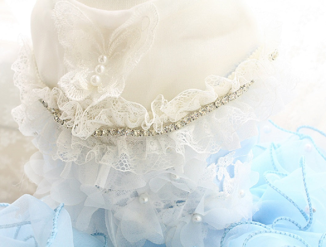 Handmade Sky Butterfly Princess Dog Dress – Luxury Blue Ruffle