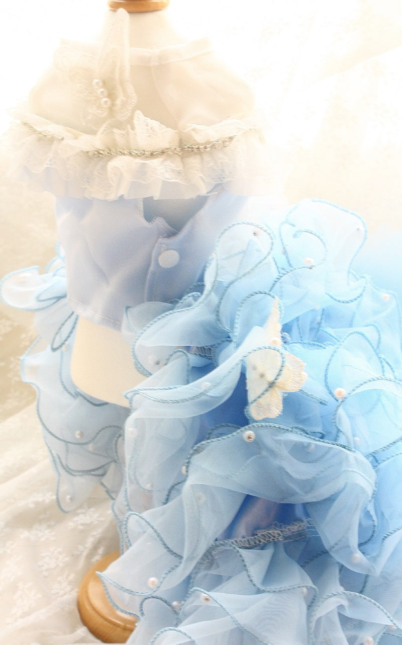 Handmade Sky Butterfly Princess Dog Dress – Luxury Blue Ruffle