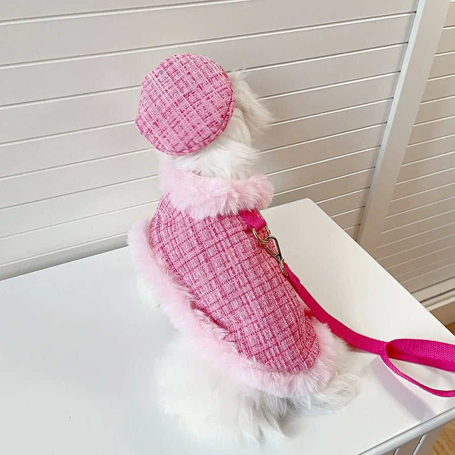 Pink Tweed Dog Cape, Hat and Leash Set