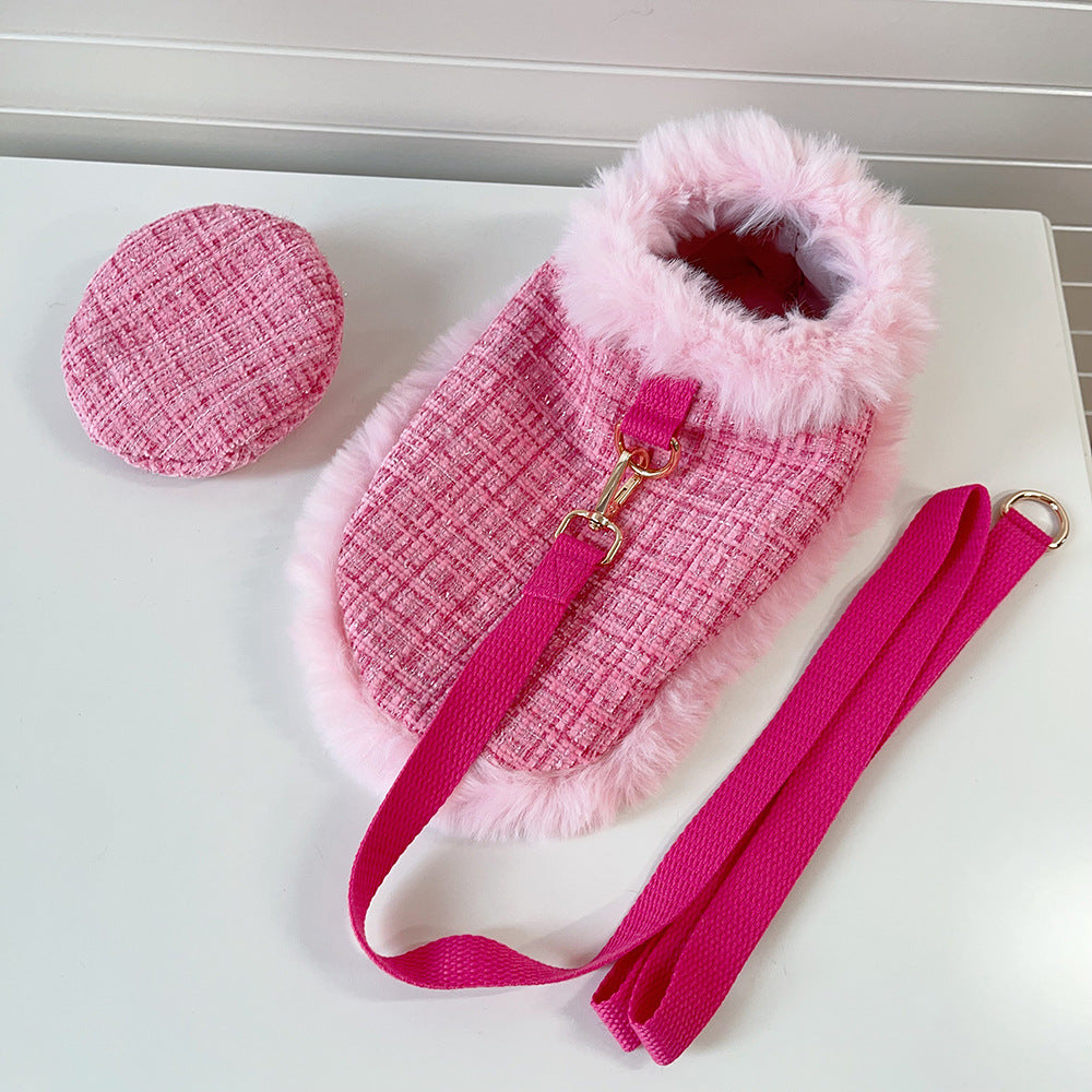 Pink Tweed Dog Cape, Hat and Leash Set