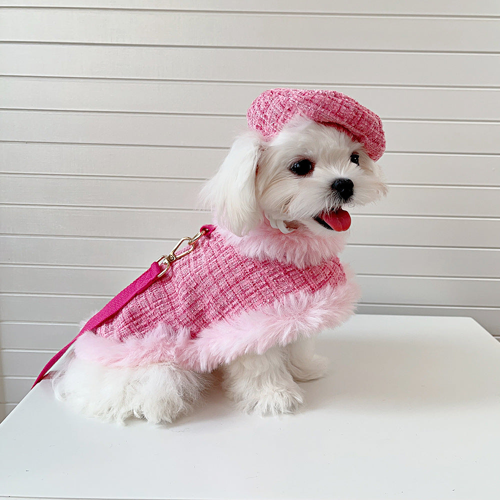 Pink Tweed Dog Cape, Hat and Leash Set