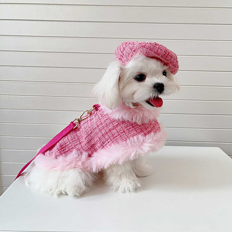 Pink Tweed Dog Cape, Hat and Leash Set