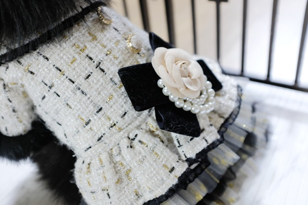 Luxury Tweed Dog Dress with Fur Trim