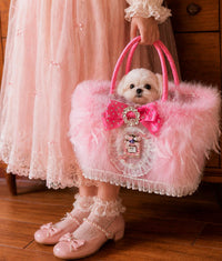 Thumbnail for Pink Feather Wicker Pet Carrier Basket