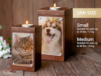 Thumbnail for Two wooden pet urn candle holders with custom pet photos on the front, shown on a rustic wood surface. One holds a tabby cat and the other holds a husky dog.