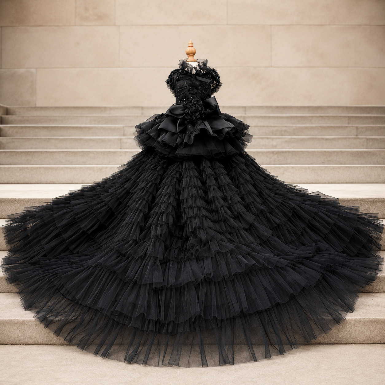 Black Dog Dress with Detachable Train