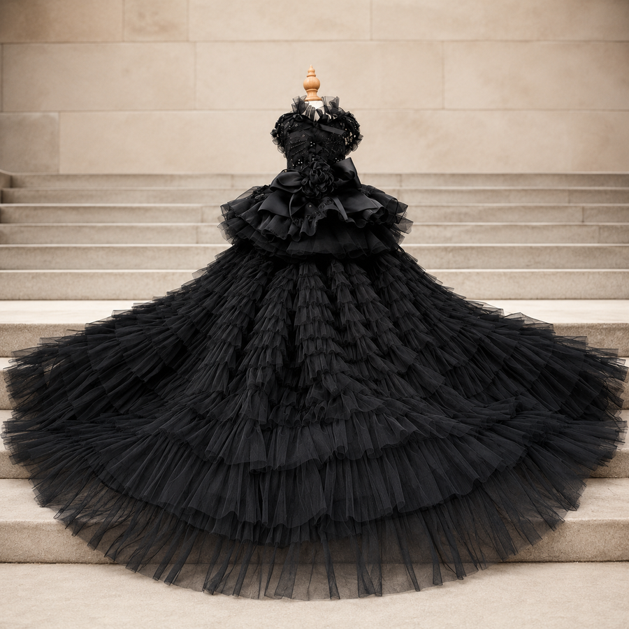 Black Dog Dress with Detachable Train