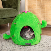 Thumbnail for Cat inside a green cactus-shaped pet bed on a rug with a chair in the background