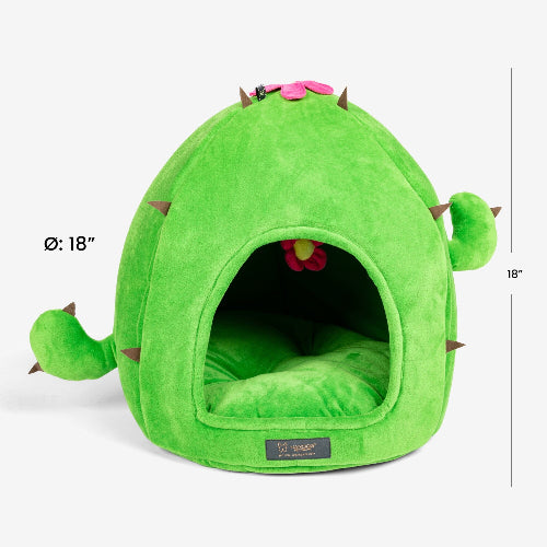 Green pet bed shaped like a cactus with measurements on a white background