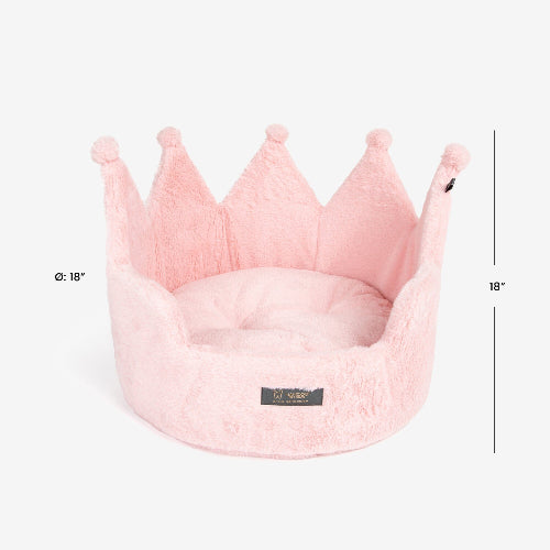 Pink crown-shaped pet bed with dimensions on a white background