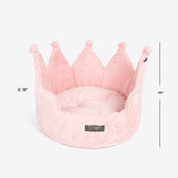Thumbnail for Pink crown-shaped pet bed with dimensions on a white background