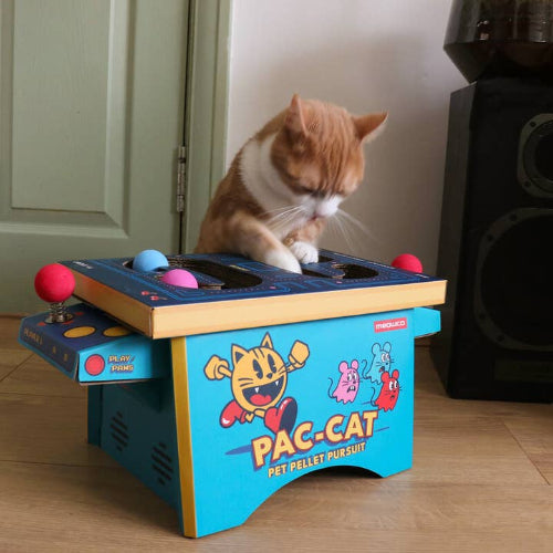 cat playing with pac cat arcade game