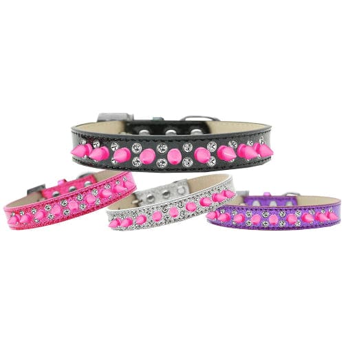 Double Crystal Pink Spikes Dog Collar