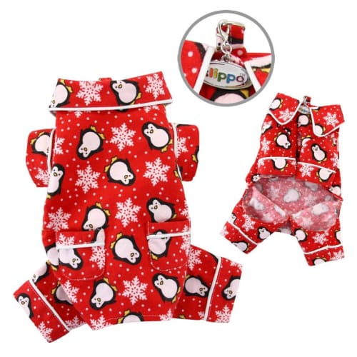 Penguins Snowflake Flannel Dog Pajama - Red