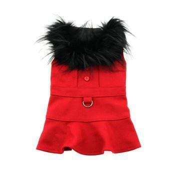 Wool Fur-Trimmed Harness Dog Coat - Red